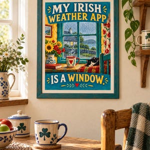 May include: A framed wall art print featuring a rainy window scene with a black and white cat, a steaming mug, and sunflowers. The text reads MY IRISH WEATHER APP IS A WINDOW in bold yellow letters against a blue background, framed in teal wood.