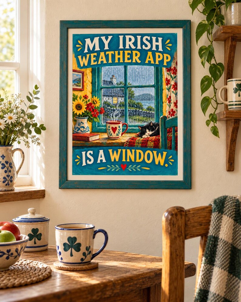 May include: A framed wall art print featuring a rainy window scene with a black and white cat, a steaming mug, and sunflowers. The text reads MY IRISH WEATHER APP IS A WINDOW in bold yellow letters against a blue background, framed in teal wood.