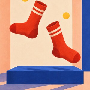 May include: A pair of bright red socks with two white horizontal stripes near the top cuffs. The socks are depicted floating above a solid blue rectangular platform against a light peach background with two small yellow circles.