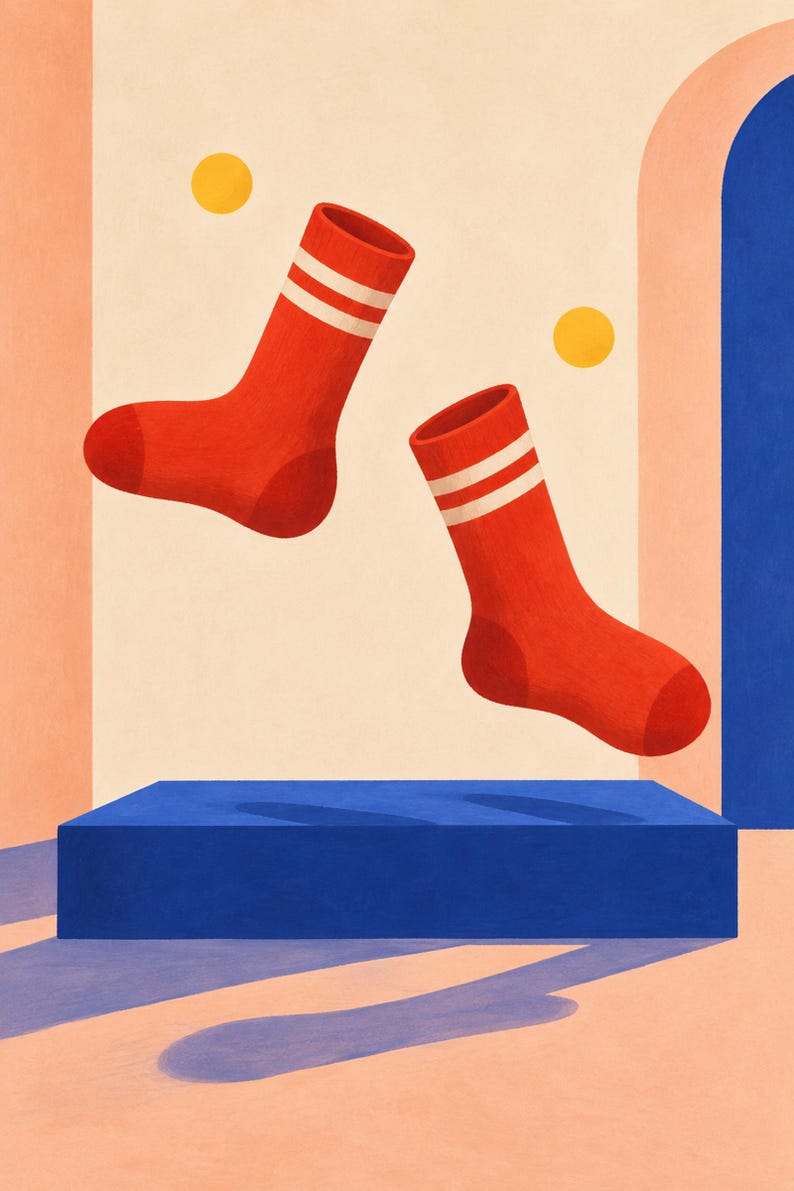 May include: A pair of bright red socks with two white horizontal stripes near the top cuffs. The socks are depicted floating above a solid blue rectangular platform against a light peach background with two small yellow circles.