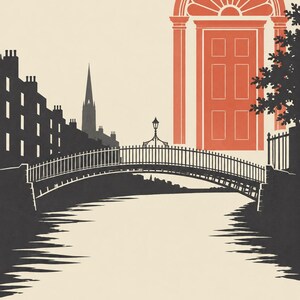 K&ouml;nnte beinhalten: Ein grafischer Kunstdruck der Skyline von Dublin mit einer schwarzen Silhouette der Ha'penny Bridge, Geb&auml;uden und einem Kirchturm. Eine gro&szlig;e, korallenfarbene T&uuml;r im georgianischen Stil mit einem Bogenfenster ist abgebildet. Das Wort DUBLIN steht darunter.