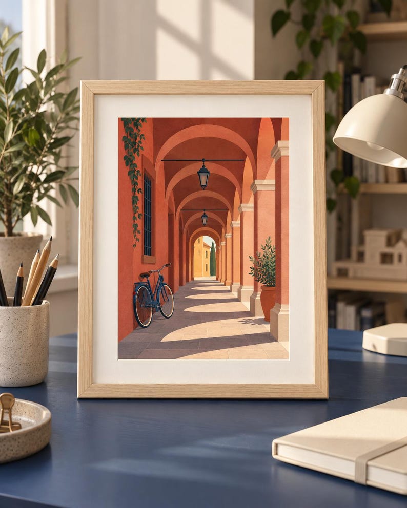 Pu&ograve; includere: Una stampa artistica incorniciata che mostra una vista in prospettiva di un porticato color terracotta. Una bicicletta blu &egrave; appoggiata contro una parete coperta di piante rampicanti. Lanterne sospese illuminano il corridoio verso l'esterno.