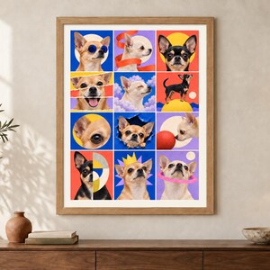 K&ouml;nnte beinhalten: Ein gerahmter Kunstdruck mit einem Raster aus zw&ouml;lf farbigen Quadraten, die jeweils ein anderes Portr&auml;t oder eine Szene eines Chihuahua-Hundes zeigen. Die Bilder enthalten verschiedene k&uuml;nstlerische Hintergr&uuml;nde, grafische Elemente und Posen.