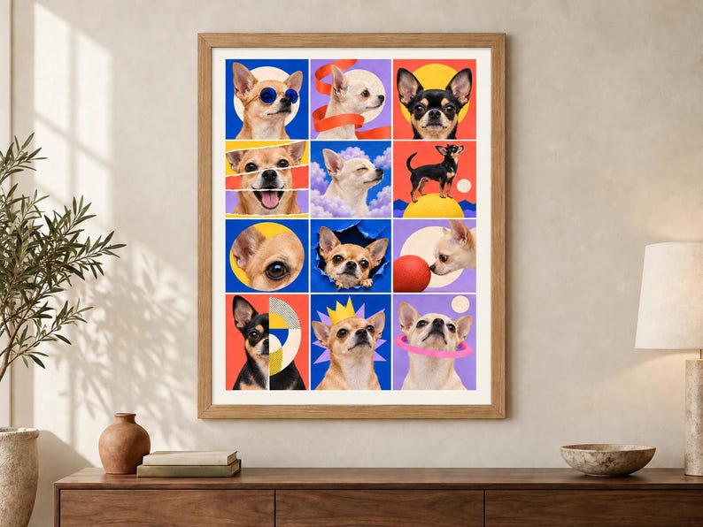 K&ouml;nnte beinhalten: Ein gerahmter Kunstdruck mit einem Raster aus zw&ouml;lf farbigen Quadraten, die jeweils ein anderes Portr&auml;t oder eine Szene eines Chihuahua-Hundes zeigen. Die Bilder enthalten verschiedene k&uuml;nstlerische Hintergr&uuml;nde, grafische Elemente und Posen.