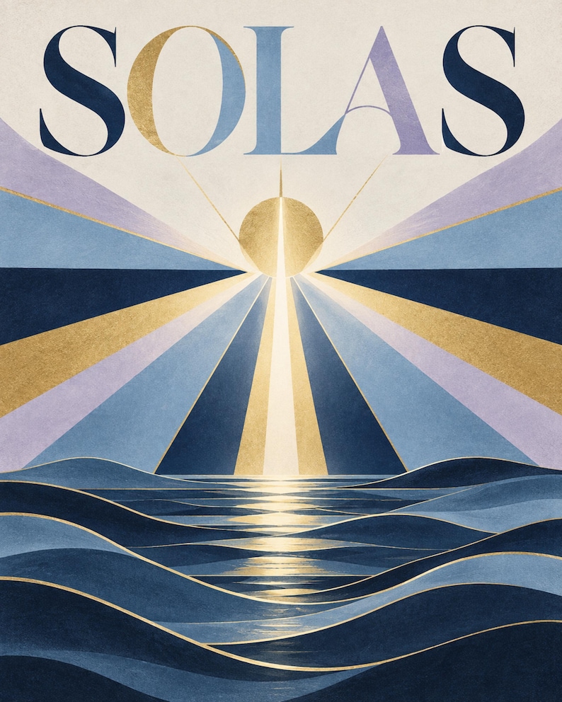 May include: A graphic art print featuring the word SOLAS in large serif letters at the top. Below, a golden sun radiates beams of light in shades of blue, gold, and lavender over stylized dark blue ocean waves with thin gold outlines.