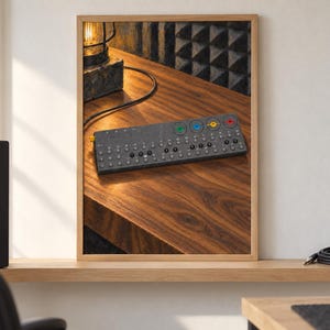 Op de afbeelding: Een donkergrijze draagbare synthesizer met een raster van kleine ronde knoppen, een rij genummerde toetsen en vier opvallende draaiknoppen in groen, blauw, geel en rood, weergegeven in een houten lijst op een bureauoppervlak.