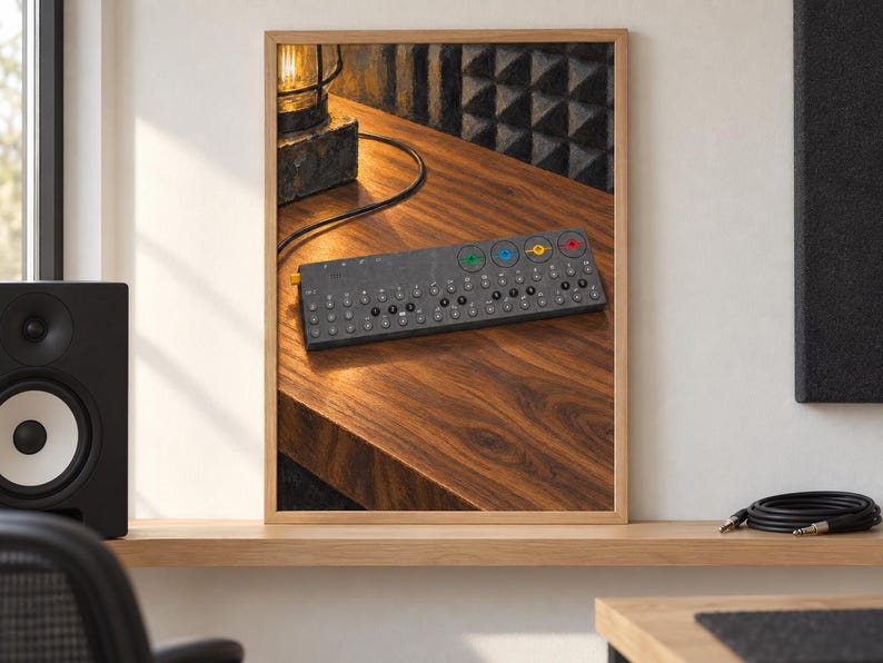 Op de afbeelding: Een donkergrijze draagbare synthesizer met een raster van kleine ronde knoppen, een rij genummerde toetsen en vier opvallende draaiknoppen in groen, blauw, geel en rood, weergegeven in een houten lijst op een bureauoppervlak.