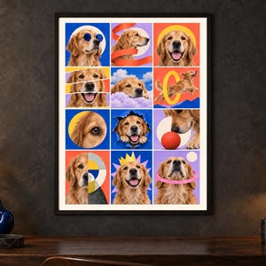 Op de afbeelding: Een ingelijste wandkunstprint met een raster van twaalf kleurrijke panelen, elk met een golden retriever in verschillende speelse houdingen, waaronder met een blauwe zonnebril, een gele kroon en spelend met een rode bal.