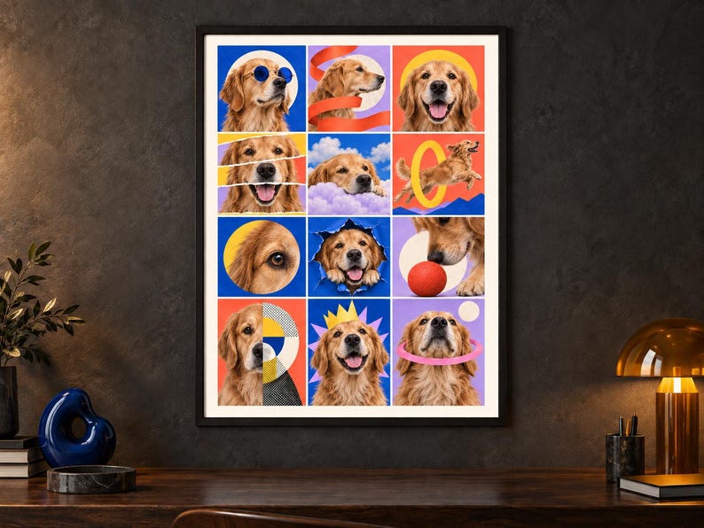 Op de afbeelding: Een ingelijste wandkunstprint met een raster van twaalf kleurrijke panelen, elk met een golden retriever in verschillende speelse houdingen, waaronder met een blauwe zonnebril, een gele kroon en spelend met een rode bal.