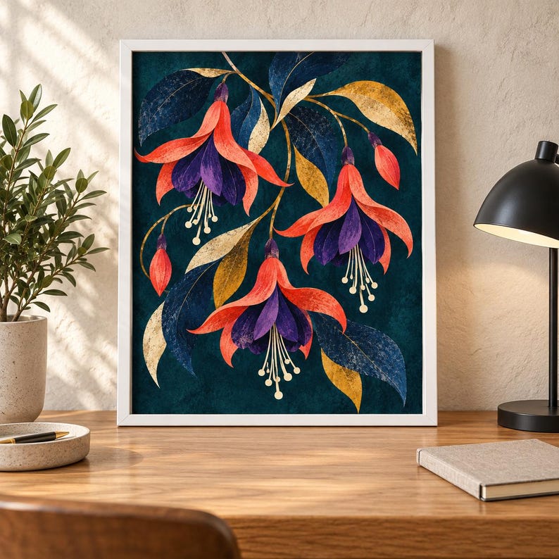 Op de afbeelding: Een ingelijste kunstdruk met een botanische illustratie van fuchsia bloemen met levendige koraalroze bloemblaadjes, donkerpaarse centra en lange witte meeldraden, tegen een donkergroenblauwe achtergrond met gouden en marineblauwe bladeren.