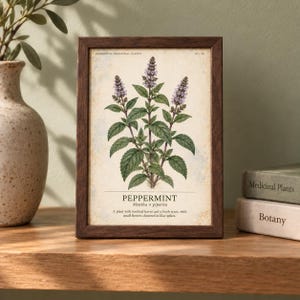 Op de afbeelding: Een ingelijste botanische print van een pepermuntplant met groene bladeren en paarse bloemaren. De tekst luidt HERBARIUM MEDICINAL PLANTS, PEPPERMINT, Mentha x piperita, en een beschrijving van de plant. De lijst is van donkerbruin hout.