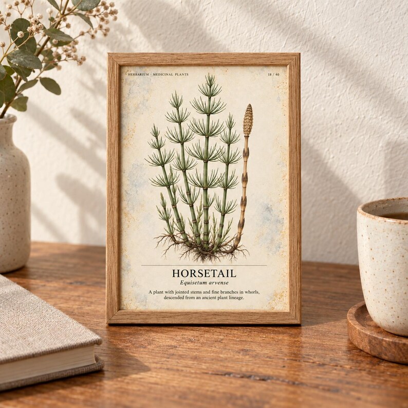 May include: A framed botanical print featuring a detailed illustration of a horsetail plant, Equisetum arvense, with green jointed stems and a brown cone. The text reads HERBARIUM MEDICINAL PLANTS, HORSETAIL, Equisetum arvense, and a description.