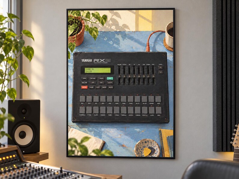 Pode incluir: Uma bateria eletr&ocirc;nica Yamaha RX15 preta com uma tela LCD verde exibindo "SONG 01" e "J=120", uma s&eacute;rie de faders verticais e uma grade de pads de borracha quadrados rotulados com nomes de v&aacute;rios instrumentos de percuss&atilde;o.
