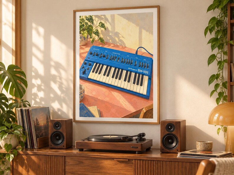 May include: A framed wall art print featuring a blue Roland SH-101 synthesizer on a table. The synthesizer has a keyboard with white and black keys, numerous knobs, and sliders. The print is displayed in a room with wooden furniture, speakers, a record player, and green plants.