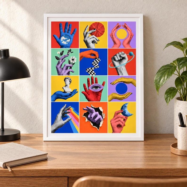 May include: A framed wall art print featuring a twelve-panel grid of surrealist collage imagery. Each square displays a hand interacting with various objects, including a blue sky, a red circle, a bust, a checkered ribbon, and a crescent moon.