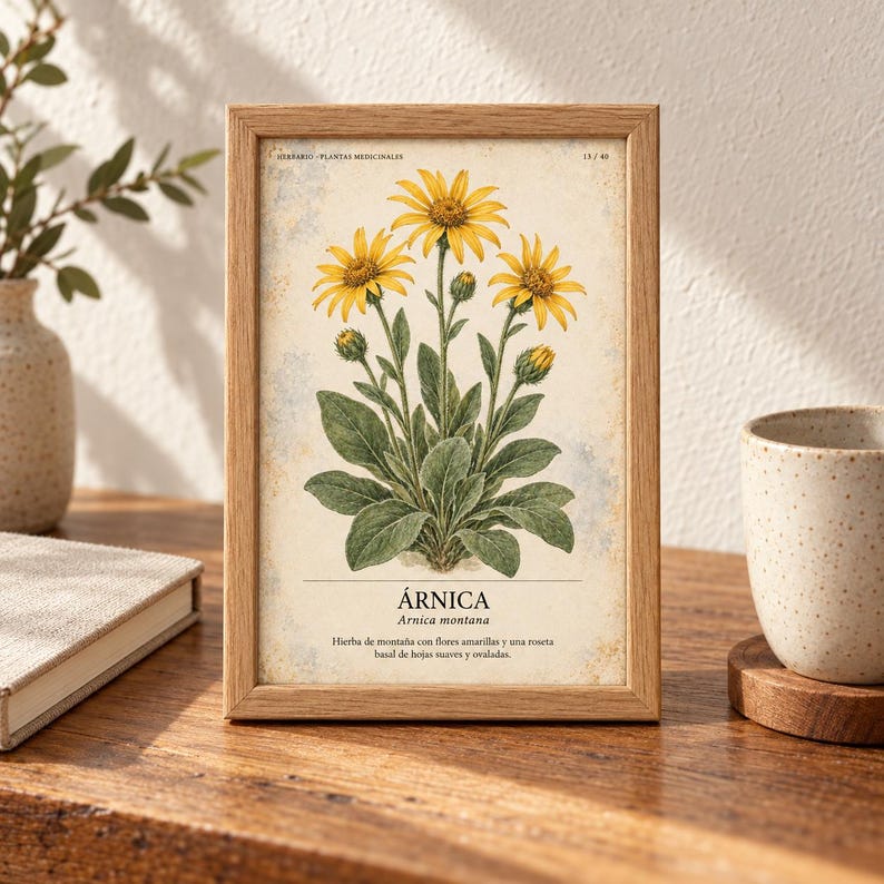 K&ouml;nnte beinhalten: Ein rechteckiger Holzrahmen mit einem botanischen Druck einer Arnica montana Pflanze mit gelben Bl&uuml;ten und gr&uuml;nen Bl&auml;ttern. Der Druck enth&auml;lt den Text "HERBARIO PLANTAS MEDICINALES", "13/40", "&Aacute;RNICA", "Arnica montana" sowie eine Beschreibung.