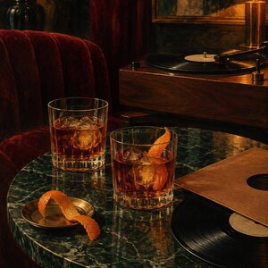 May include: Two clear, heavy-bottomed glass tumblers filled with amber liquid and ice cubes, each garnished with a curled orange peel. One orange peel rests on a small brass dish. A vinyl record and sleeve sit on a dark green marble table.