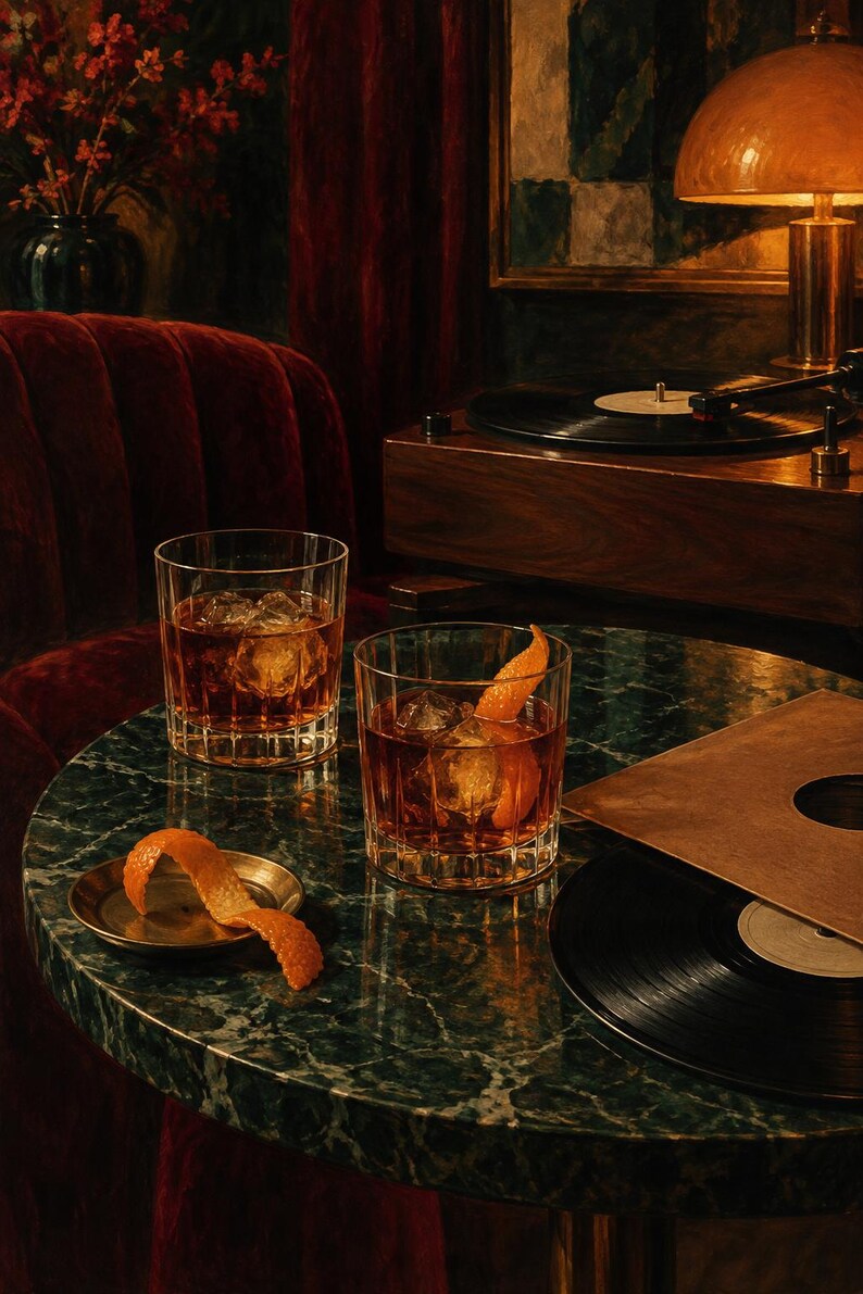 May include: Two clear, heavy-bottomed glass tumblers filled with amber liquid and ice cubes, each garnished with a curled orange peel. One orange peel rests on a small brass dish. A vinyl record and sleeve sit on a dark green marble table.