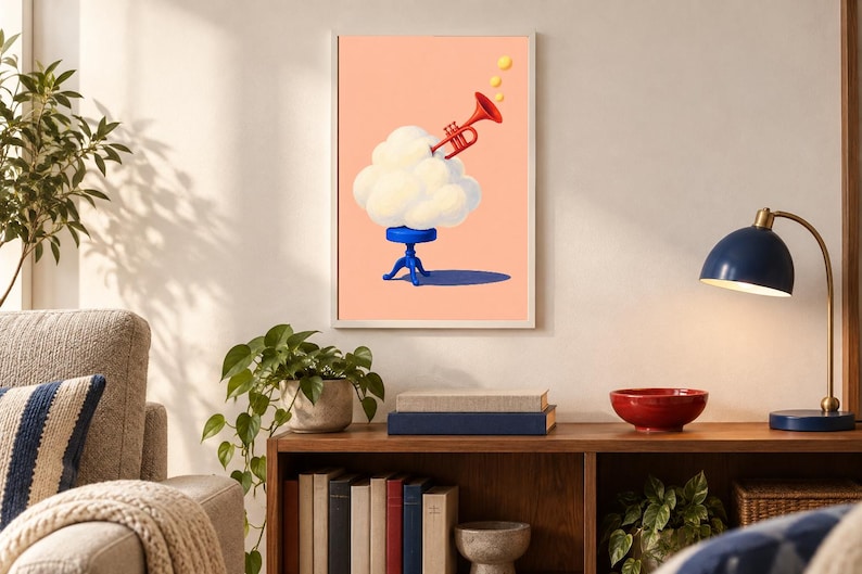 May include: A framed wall art print featuring a white cloud resting on a small blue stool against a peach background. A red trumpet emerges from the top of the cloud, with three yellow circular notes floating above the instrument's bell.