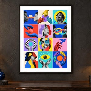 May include: A framed wall art print featuring a grid of twelve colorful graphic illustrations. The artwork displays diverse human faces, hands, eyes, and abstract shapes in vibrant shades of blue, yellow, red, and purple, arranged in a collage format.