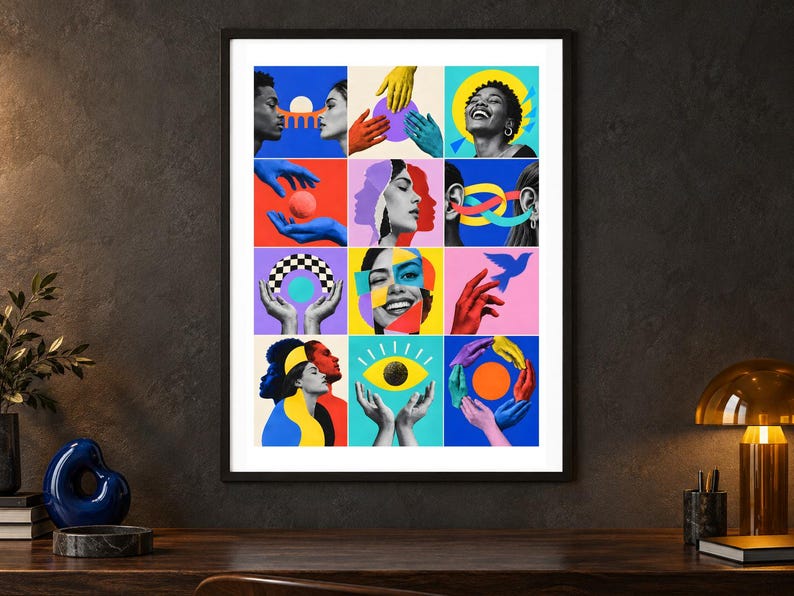 May include: A framed wall art print featuring a grid of twelve colorful graphic illustrations. The artwork displays diverse human faces, hands, eyes, and abstract shapes in vibrant shades of blue, yellow, red, and purple, arranged in a collage format.