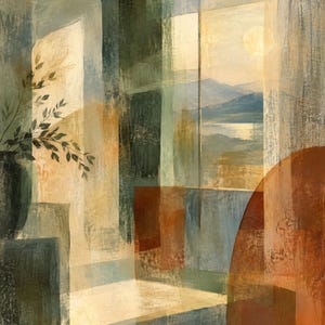 Pu&ograve; includere: Una stampa d'arte murale astratta che mostra una vista da una finestra su un lago e montagne. La composizione utilizza texture stratificate in tonalit&agrave; terracotta, verde salvia, crema e blu profondo, con un vaso scuro di fogliame a sinistra.