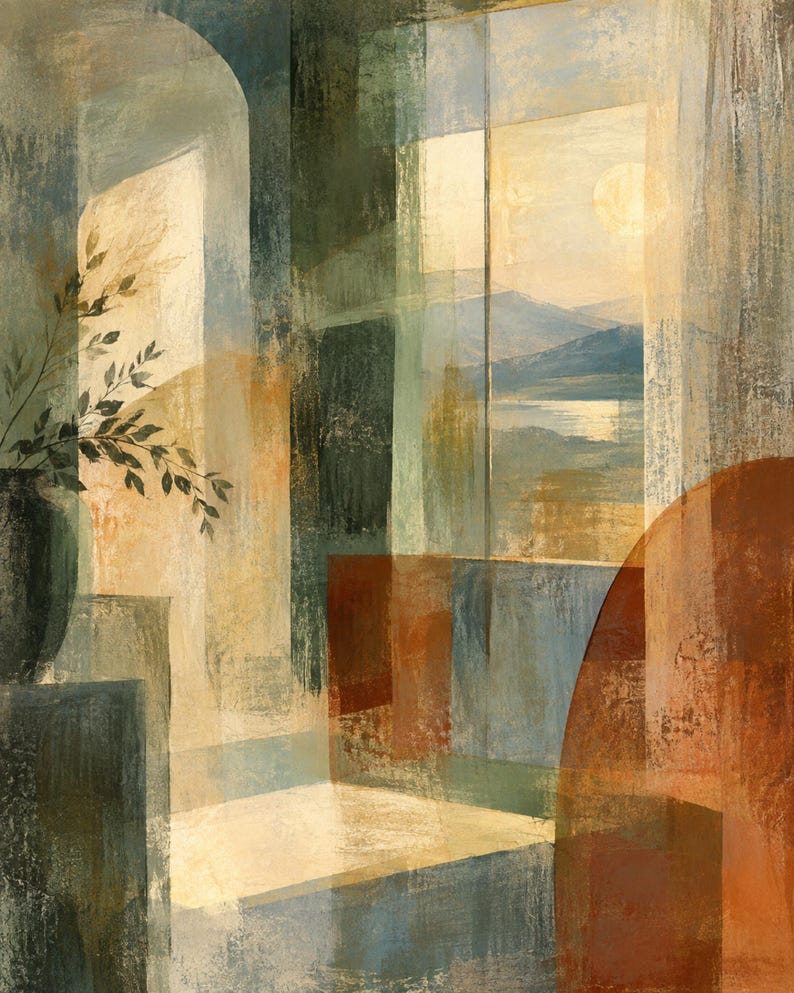 Pu&ograve; includere: Una stampa d'arte murale astratta che mostra una vista da una finestra su un lago e montagne. La composizione utilizza texture stratificate in tonalit&agrave; terracotta, verde salvia, crema e blu profondo, con un vaso scuro di fogliame a sinistra.