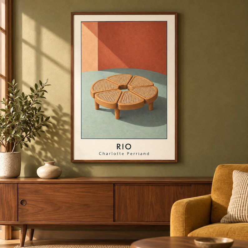 May include: A framed wall art print titled RIO by Charlotte Perriand, featuring a graphic illustration of a circular, segmented wooden coffee table with a woven cane surface set against a background of muted red and light blue geometric shapes.