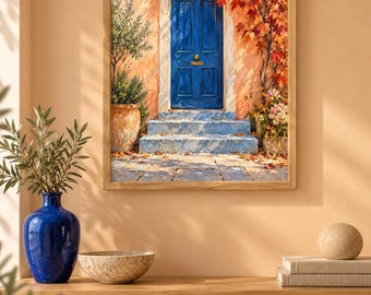 Blue Door Autumn Steps Wall Art, Autumn Cottage Painting, A3 Printable Digital Download