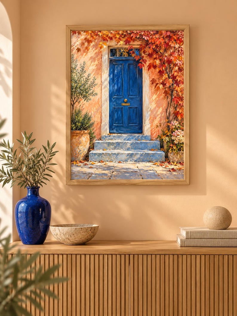 May include: A framed wall art print depicting a vibrant blue door set into a peach-coloured wall. The scene features stone steps, a potted olive tree, and climbing vines with autumn-toned red and orange leaves, all rendered in a painterly style.