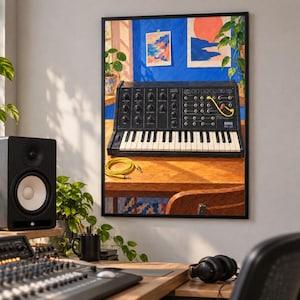 May include: A framed wall art print depicting a black Korg MS-20 synthesizer on a wooden desk. The illustration features a blue wall background with two small landscape paintings, a yellow patch cable, and a coiled yellow audio cable on the desk.