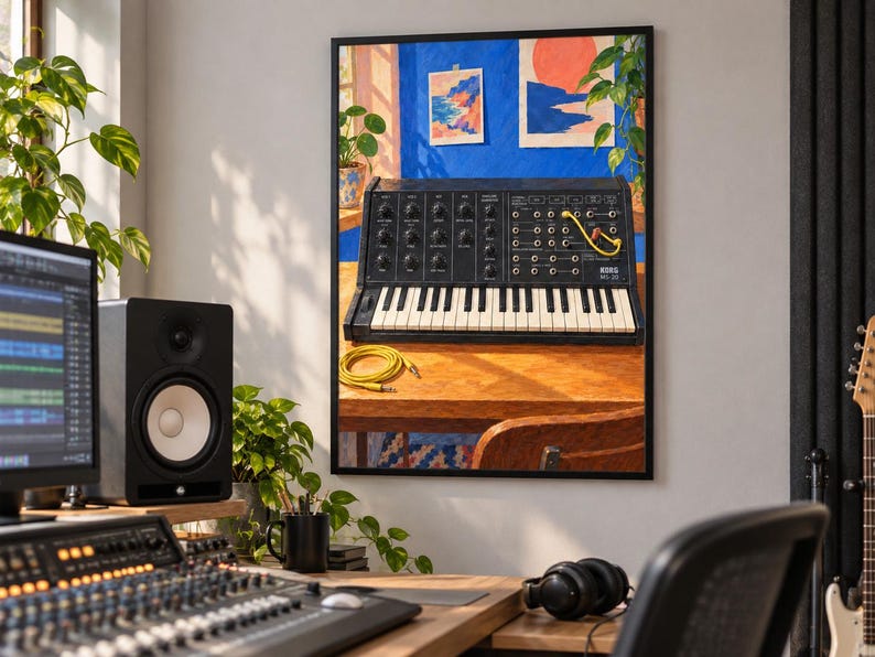 May include: A framed wall art print depicting a black Korg MS-20 synthesizer on a wooden desk. The illustration features a blue wall background with two small landscape paintings, a yellow patch cable, and a coiled yellow audio cable on the desk.