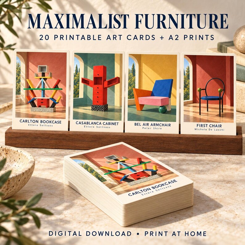 May include: A set of 20 printable art cards and A2 prints titled MAXIMALIST FURNITURE. The cards feature illustrations of furniture designs including the Carlton Bookcase, Casablanca Cabinet, Bel Air Armchair, and First Chair with designer names.