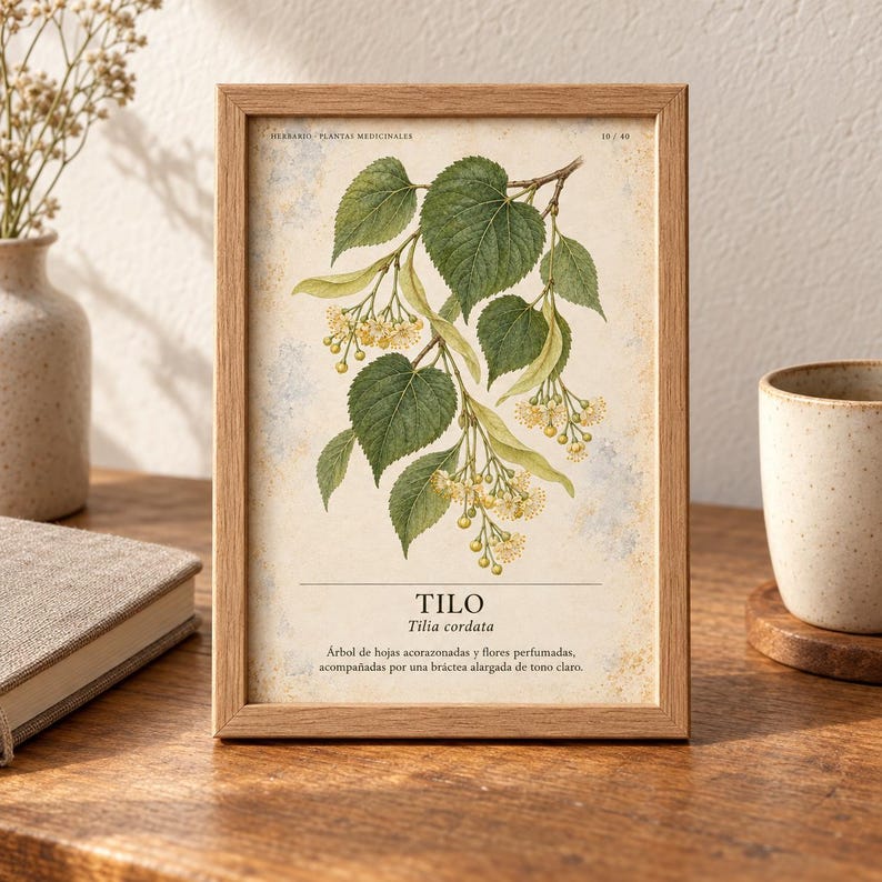 Puede incluir: Un marco de madera rectangular que contiene una l&aacute;mina bot&aacute;nica de una rama de Tilia cordata con hojas verdes y flores amarillas. La l&aacute;mina presenta el texto TILO, Tilia cordata y una descripci&oacute;n en espa&ntilde;ol sobre un fondo color crema.