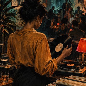 May include: A person in a mustard yellow button-down shirt and dark skirt stands at a turntable, holding a black vinyl record. The scene includes a glass of amber liquid, a red lamp, and a collection of vinyl records in a wooden crate.