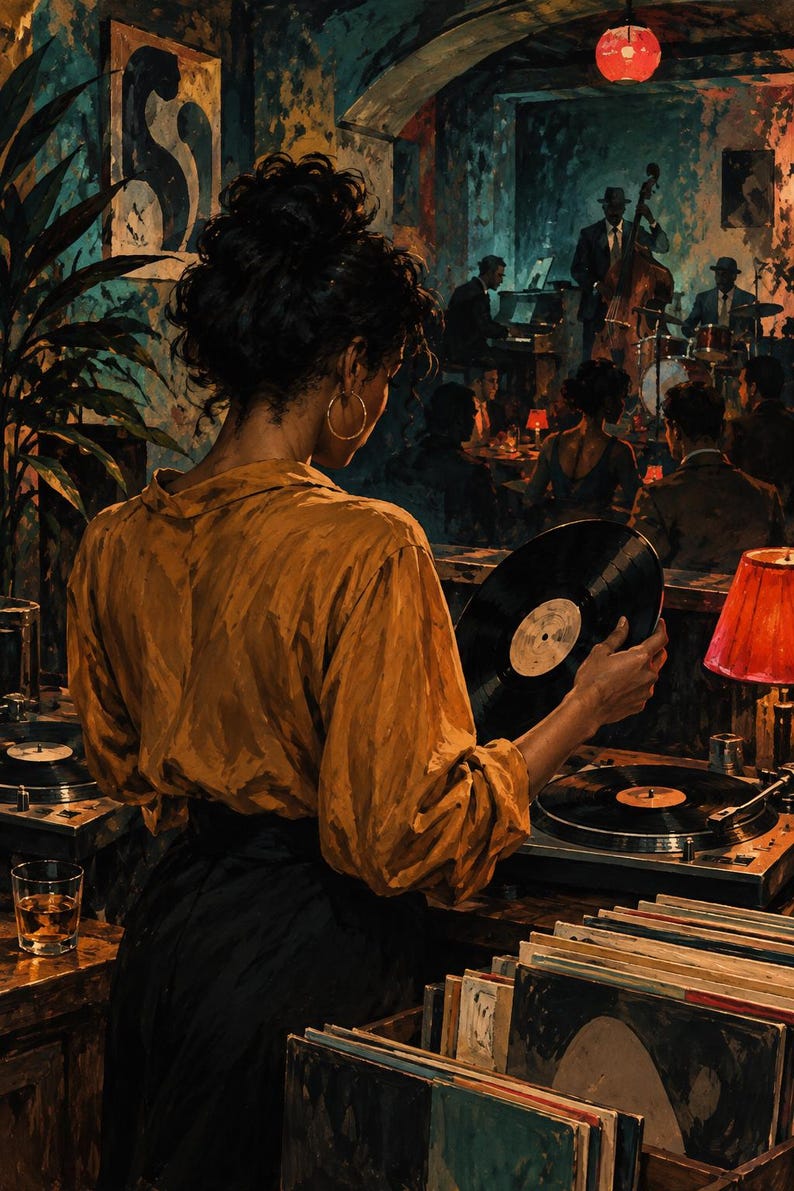 May include: A person in a mustard yellow button-down shirt and dark skirt stands at a turntable, holding a black vinyl record. The scene includes a glass of amber liquid, a red lamp, and a collection of vinyl records in a wooden crate.