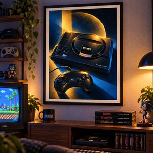 Puede incluir: Una l&aacute;mina de arte mural enmarcada que muestra una consola de juegos Sega Mega Drive negra y un mando a juego. La consola muestra el texto 16-BIT y Mega Drive. La obra est&aacute; situada sobre un fondo circular de color azul oscuro y dorado.