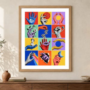 May include: A framed wall art print featuring a grid of twelve colorful squares, each displaying a surreal collage of human hands interacting with various objects like a blue sky, a red umbrella, a yellow sun, flowers, a bust, an eye, and a moon.