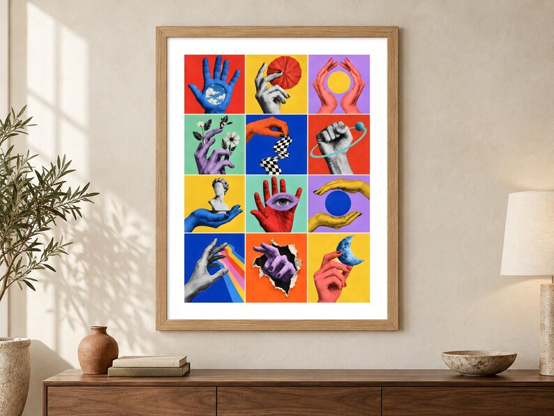 May include: A framed wall art print featuring a grid of twelve colorful squares, each displaying a surreal collage of human hands interacting with various objects like a blue sky, a red umbrella, a yellow sun, flowers, a bust, an eye, and a moon.