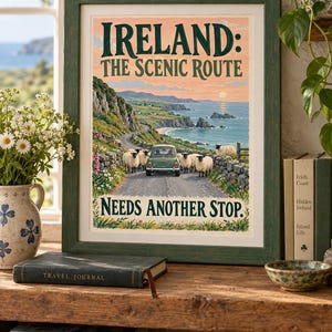 Puede incluir: Un p&oacute;ster de viaje enmarcado titulado IRELAND: THE SCENIC ROUTE NEEDS ANOTHER STOP. La ilustraci&oacute;n muestra un coche verde en una carretera costera rodeado de ovejas, con acantilados, una puesta de sol y el oc&eacute;ano de fondo.