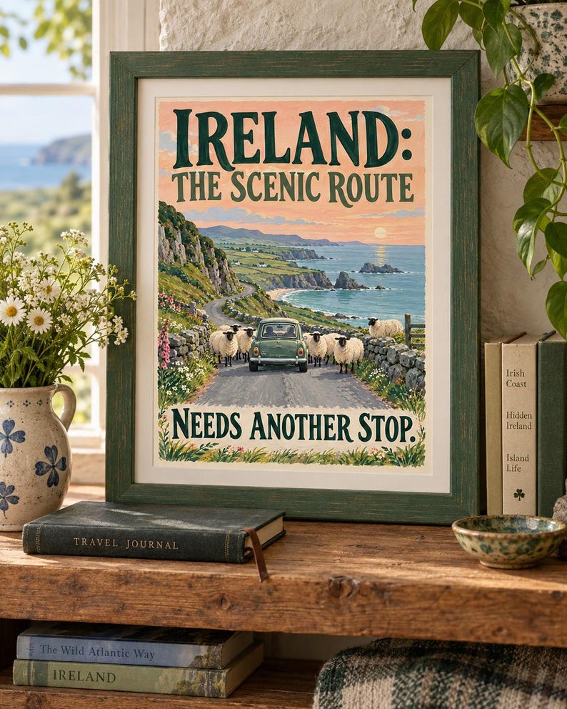Puede incluir: Un p&oacute;ster de viaje enmarcado titulado IRELAND: THE SCENIC ROUTE NEEDS ANOTHER STOP. La ilustraci&oacute;n muestra un coche verde en una carretera costera rodeado de ovejas, con acantilados, una puesta de sol y el oc&eacute;ano de fondo.