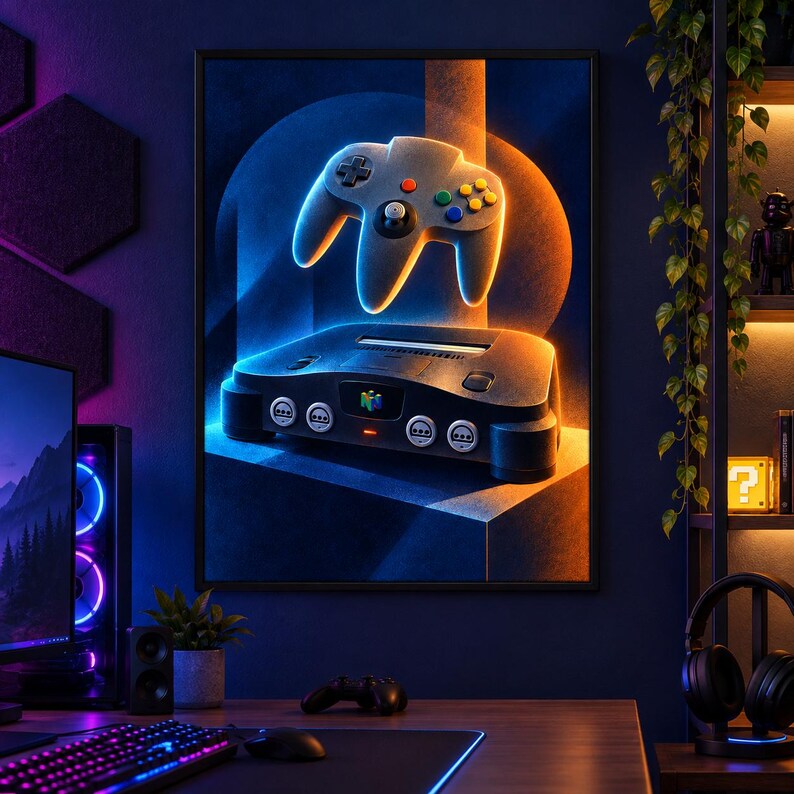 Op de afbeelding: Een ingelijste wandkunstprint met een gestileerde illustratie van een grijze videogameconsole en een bijpassende controller. Het ontwerp gebruikt levendige blauwe en oranje lichteffecten tegen een donkere achtergrond, die de poorten van de console benadrukken.
