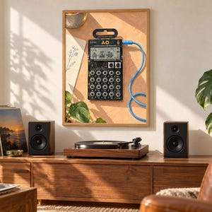 May include: A black Teenage Engineering PO-32 Tonic pocket operator synthesizer featuring a digital screen with graphic icons, sixteen circular knobs, and a blue audio cable plugged into the top right side, displayed inside a wooden frame.