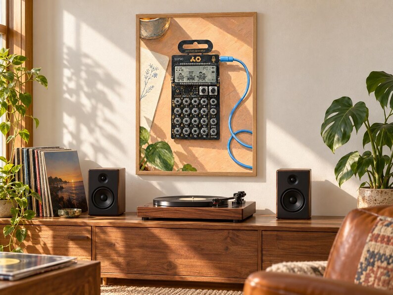 May include: A black Teenage Engineering PO-32 Tonic pocket operator synthesizer featuring a digital screen with graphic icons, sixteen circular knobs, and a blue audio cable plugged into the top right side, displayed inside a wooden frame.