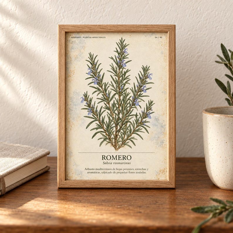 May include: A framed botanical print featuring a detailed illustration of a rosemary plant with green needle-like leaves and small blue flowers. The text reads HERBARIO PLANTAS MEDICINALES, ROMERO, Salvia rosmarinus, and a Spanish description.