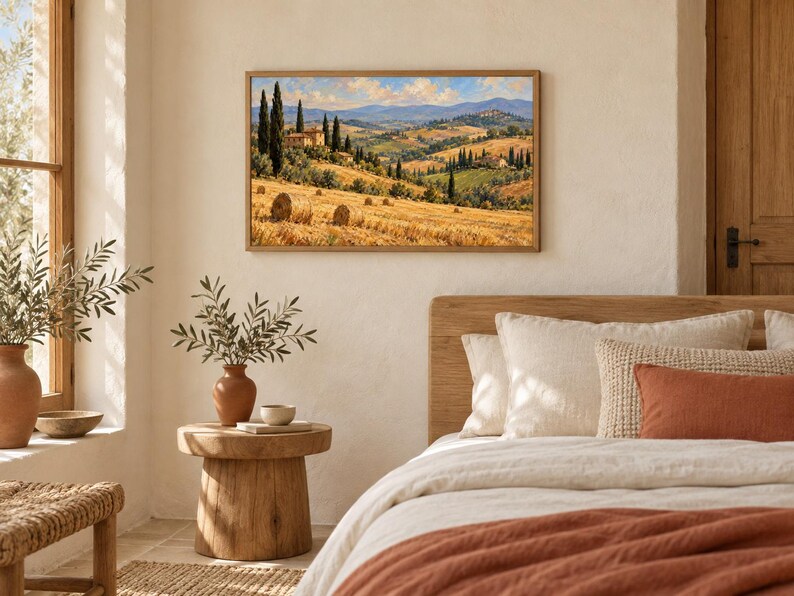 May include: A rectangular landscape painting depicting a golden wheat field with hay bales, tall cypress trees, and rolling hills under a blue sky with clouds. The artwork is framed in a light wood finish and displayed on a textured off-white wall.