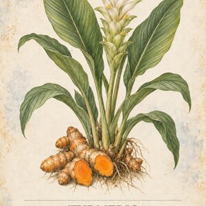K&ouml;nnte beinhalten: Eine botanische Illustration der Pflanze Curcuma longa mit breiten gr&uuml;nen Bl&auml;ttern, einem wei&szlig;en Bl&uuml;tenstand und freiliegenden orangefarbenen Rhizomen. Der Text lautet: HERBARIUM MEDICINAL PLANTS 22 / 40, TURMERIC Curcuma longa, und Broad leaves and deep orange rhizomes.