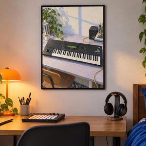 Pode incluir: Uma impress&atilde;o de arte de parede emoldurada retratando um sintetizador Korg M1 preto sobre uma mesa de cor clara. A cena inclui uma pequena planta em vaso, um alto-falante preto e um cabo amarelo, sob uma luz suave, quente e natural.