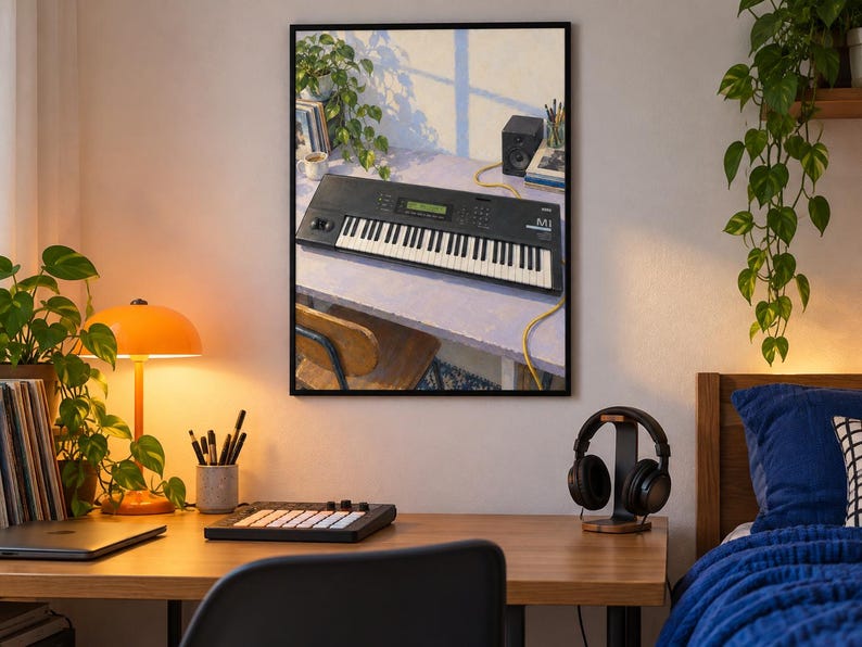 Pode incluir: Uma impress&atilde;o de arte de parede emoldurada retratando um sintetizador Korg M1 preto sobre uma mesa de cor clara. A cena inclui uma pequena planta em vaso, um alto-falante preto e um cabo amarelo, sob uma luz suave, quente e natural.