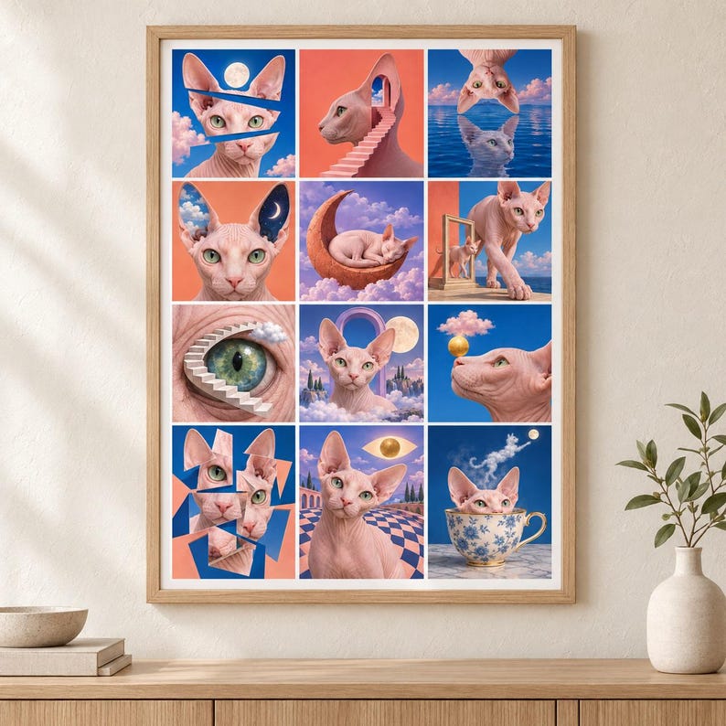 Pu&ograve; includere: Una stampa d'arte incorniciata che presenta una griglia di dodici illustrazioni surreali di gatti Sphynx rosa. Le scene includono gatti con lune, nuvole, scale, occhi e una tazza da t&egrave;, su sfondi blu e arancioni con immagini oniriche.
